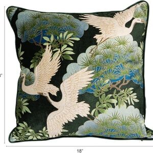 Creative Co-Op Cotton Blend Velvet Printed Pillow,Multicolor,Green Cranes Piping
